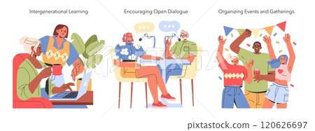 Community Engagement set. Illustration of intergenerational learning, open dialogue, and event gatherings. People connecting across ages and sharing experiences. Vector illustration. Community Engagement set. Illustration of intergenerational learning, open dialogue, and event gatherings. People connecting across ages and sharing experiences. Vector illustration. 120626697