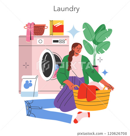 Laundry day concept. A woman sorts clothes for washing near a washing machine in a cozy home setting. Daily chores, cleanliness maintenance. Vector illustration. 120626708
