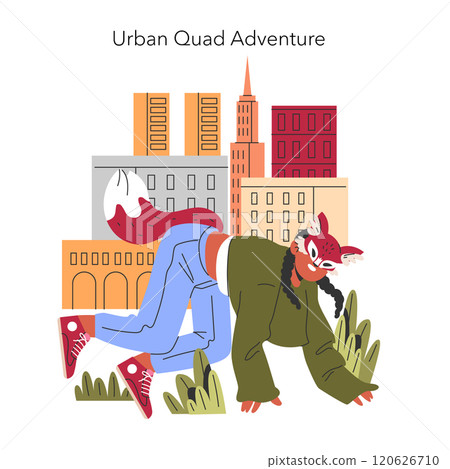 Quadrobers concept. Dynamic city life meets energetic dance moves amidst urban landscapes. Parkour performer leaps in the city setting. Vector illustration. 120626710