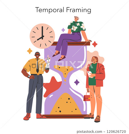 Cognitive Framing concept. People interacting with a large hourglass and clock, illustrating the perception of time. Personal and professional time management. Vector illustration. 120626720