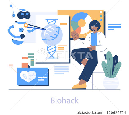 Longevity clinic concept. Scientist analyzes DNA with AI robot assistance to enhance human lifespan. Medical research and futuristic healthcare. Vector illustration. 120626724