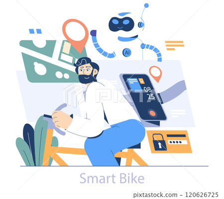 AI Hobbyist concept. An enthusiastic individual programs a smart bike using artificial intelligence technology. Innovating for smarter mobility. Vector illustration. 120626725