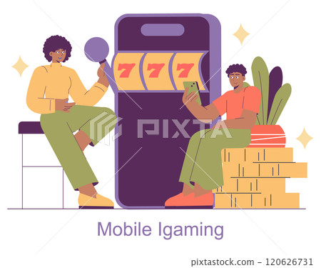Mobile iGaming concept. Two characters engaging with online slot games on digital devices. Casual at-home casino experience. Vector illustration. 120626731