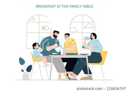 Family Breakfast concept. A joyful family sharing a morning meal together at home. Unity, daily routine, and quality family time. Vector illustration. 120626747