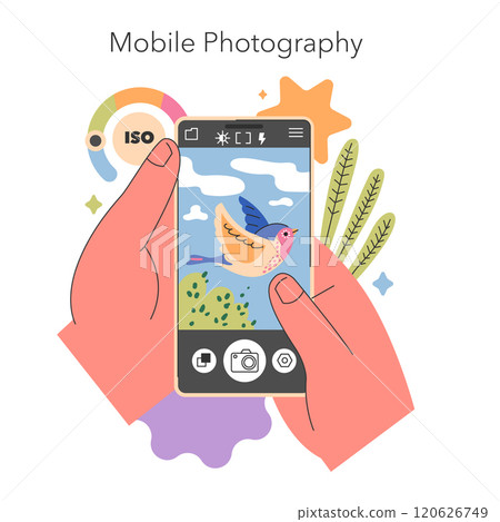 Gen Z Hobbies concept. Hand holding a smartphone capturing a colorful bird, symbolizing the trend of mobile photography. Vector illustration. 120626749