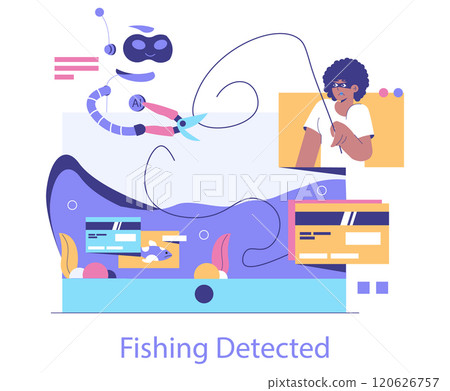 AI Cybersecurity concept. Robotic arm catching a phishing hook in digital space, alerting users to security threats. Protection against cyber fraud illustrated. Vector illustration. AI Cybersecurity concept. Robotic arm catching a phishing hook in digital space, alerting users to security threats. Protection against cyber fraud illustrated. Vector illustration. 120626757