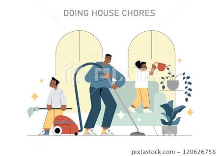 Family Chores concept. A father vacuuming as kids help with housework, portraying teamwork in household tasks. Everyday domestic life scene. Vector illustration. 120626758