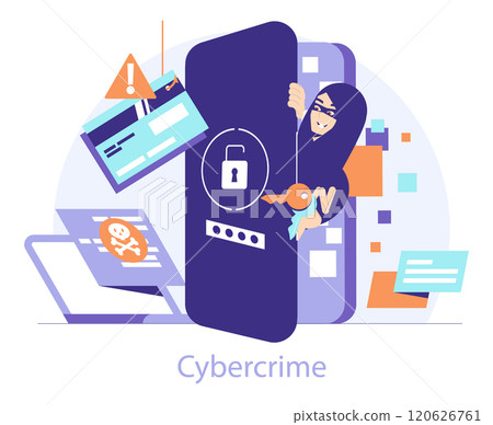 Cybercrime concept. Digital thief stealing confidential data behind a smartphone screen, symbolizing online security threats. Vector illustration. 120626761