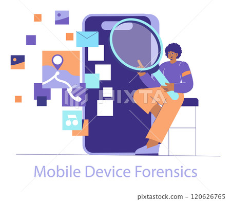Mobile Device Forensics concept. Analyst inspecting digital evidence on a smartphone. Data analysis, cybersecurity, and investigation. Vector illustration. Mobile Device Forensics concept. Analyst inspecting digital evidence on a smartphone. Data analysis, cybersecurity, and investigation. Vector illustration. 120626765