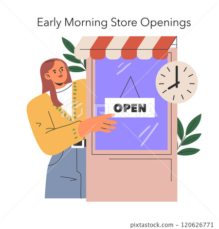 Retail opening concept. Shopkeeper turning the open sign in early morning hours welcoming customers. Store readiness for business. Vector illustration. 120626771