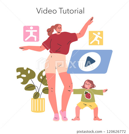 Interactive dance lesson illustration. A joyful mother and child follow movements from an online video tutorial at home. Engaging family activity concept. Vector illustration. Interactive dance lesson illustration. A joyful mother and child follow movements from an online video tutorial at home. Engaging family activity concept. Vector illustration. 120626772