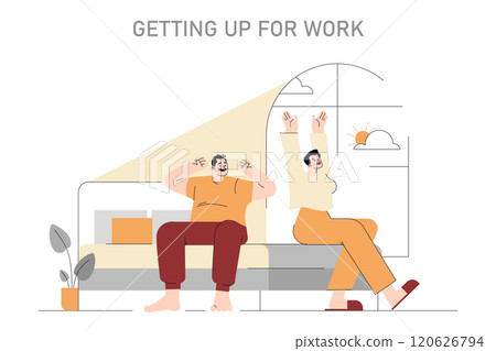 Morning routine concept. Illustration of a couple waking up and stretching in bed, preparing for the workday ahead. Vector illustration. 120626794
