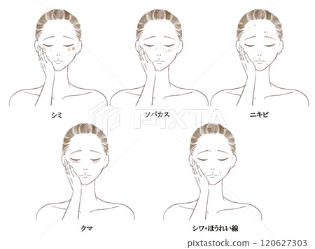 水彩風格插圖集,描繪了一位有皮膚問題、雙手放在臉頰上、閉著眼睛擔心的女性。 水彩風格插圖集,描繪了一位有皮膚問題、雙手放在臉頰上、閉著眼睛擔心的女性。 120627303