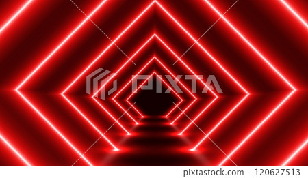 Neon tunnel, futuristic room with led corridor, glowing rhombus modern background. 120627513
