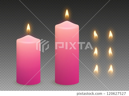 Wax candles with glowing light and flame variations. Wax candles with glowing light and flame variations. 120627527