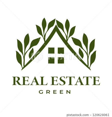 Real Estate Logo with Minimalist design that combines House and Green Leaf Elements, Suitable for real estate business branding, Eco-Friendly Housing or Green Property Development 120628061
