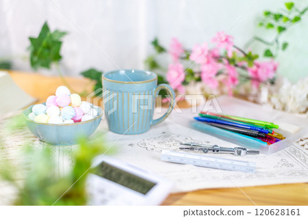 Coffee and a mountain of Ramune are prepared along with study materials. 120628161