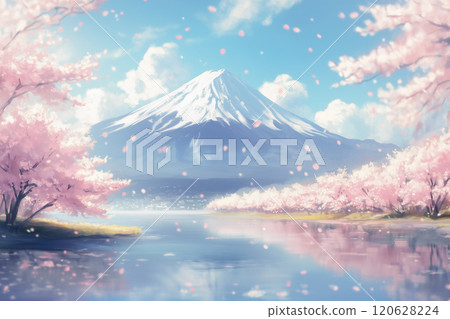 Mount Fuji_cherry blossoms falling like snow_spring_Japan_blue 120628224