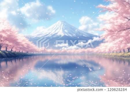 Watercolor illustration of cherry blossoms, Mt. Fuji and blue sky. Image of spring in Japan. 120628284