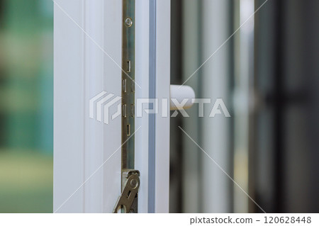 View of sophisticated door handle its locking system mounted on stylish white door enhances sleek design, showcasing modern 120628448