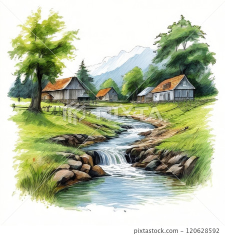 the AI Image Generator, Tranquil Countryside Landscape With Stream 120628592