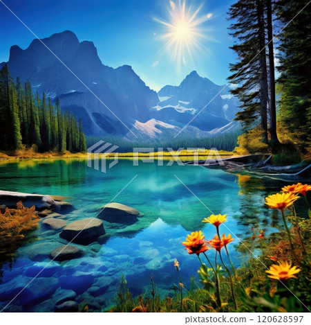 the AI Image Generator, Mountain Sunrise Over Serene Forest Lake the AI Image Generator, Mountain Sunrise Over Serene Forest Lake 120628597