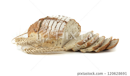 Sliced Fresh Bread with Wheat Ears on White Background 120628691