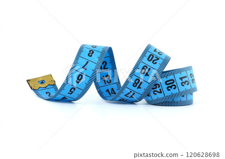 Blue Measuring Tape on White Background Close-Up 120628698