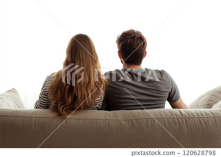 Couple sitting on couch, back view isolated on transparent white background. Couple sitting on couch, back view isolated on transparent white background. 120628798
