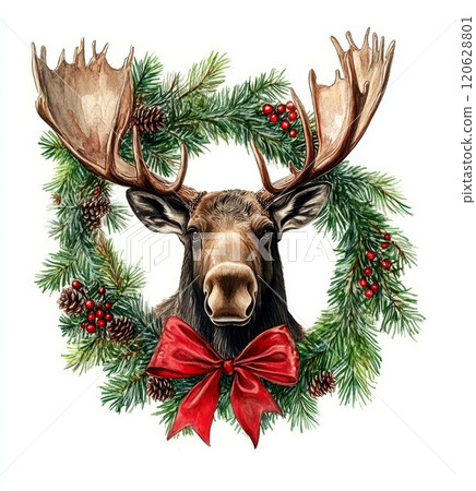 Christmas moose head with red bow and Christmas wreath on white background. 120628801