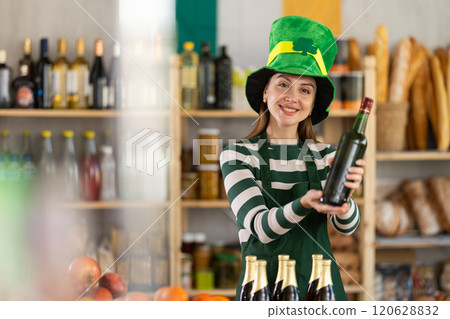 Pretty young girl seller posing in green costume and hat, offering bottle of whiskey in store decorated for St. Patrick's Day Pretty young girl seller posing in green costume and hat, offering bottle of whiskey in store decorated for St. Patrick's Day 120628832