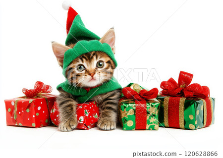 Adorable Kitten in Elf Costume posing with Christmas presents. 120628866