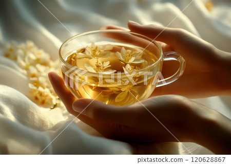 Female hand holding a transparent glass mug with linden tea on white linen textile background. Female hand holding a transparent glass mug with linden tea on white linen textile background. 120628867