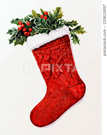 Festive Christmas red knitted sock with a mistletoe on White Background. Festive Christmas red knitted sock with a mistletoe on White Background. 120628897