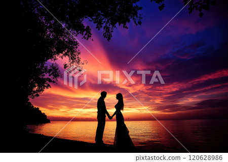 A couple is standing on the beach at sunset with a red sky. AI. 120628986