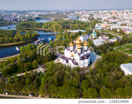 Panoramic aerial view of city of Yaroslavl with buildings, river Volga Panoramic aerial view of city of Yaroslavl with buildings, river Volga 120629066