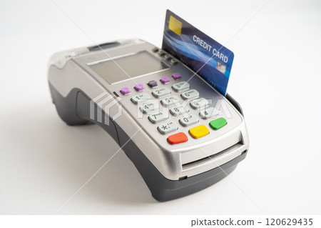 Payment POS terminal isolated on white background with colpy space, technology for finance and shopping business. Payment POS terminal isolated on white background with colpy space, technology for finance and shopping business. 120629435