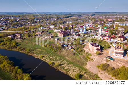 Panoramic aerial view of district of Belev on riverside, Tula region Panoramic aerial view of district of Belev on riverside, Tula region 120629477