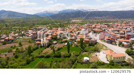 Aerial view of Turkish small town Yesildag in Burdur province 120629576