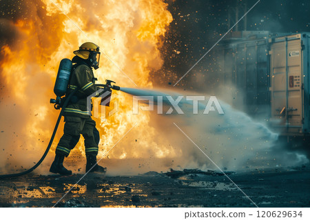 Firemen or firefighter use fire extinguisher to control fire. Firemen or firefighter use fire extinguisher to control fire. 120629634