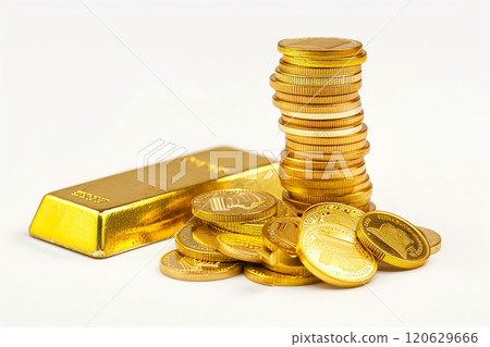 A lot of stacking gold coins in treasure stack and gold bar on white background. 120629666