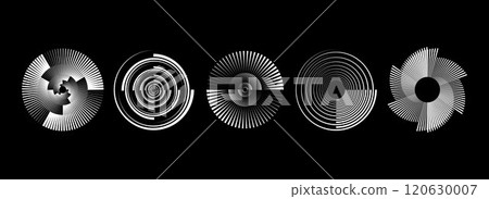 Radial abstract spiral pattern set. Circular rotating sound wave concepts. Circle speed line form collection. Sunburst ray and beam design element for icon, badge, logo, tag, label, emblem. Vector Radial abstract spiral pattern set. Circular rotating sound wave concepts. Circle speed line form collection. Sunburst ray and beam design element for icon, badge, logo, tag, label, emblem. Vector 120630007