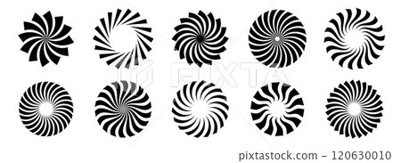 Set of black circle rotating rays and beams. Radial sunburst elements pack. Round spinning swirls, stars and twirls pack. Illustration bundle for banner, badge, sticker, poster. Vector 120630010