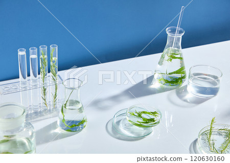 High angle shot photo on white laboratory table, variety lab glassware displayed on which. Vacant space in center for product presentation, copy space for text High angle shot photo on white laboratory table, variety lab glassware displayed on which. Vacant space in center for product presentation, copy space for text 120630160
