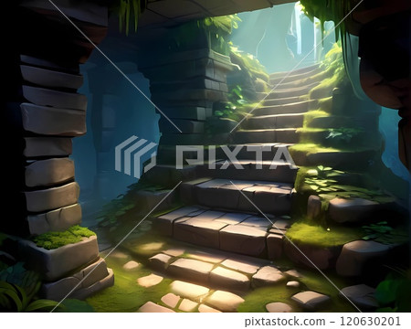 Game background: Stairs and slopes in the underground dungeon of an ancient ruins city 120630201