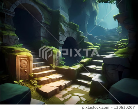 Game background: Stairs and slopes in the underground dungeon of an ancient ruins city Game background: Stairs and slopes in the underground dungeon of an ancient ruins city 120630207