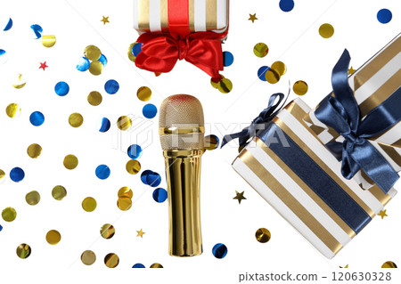 PNG, New Year gifts with microphone, golden microphone isolated on white background. 120630328