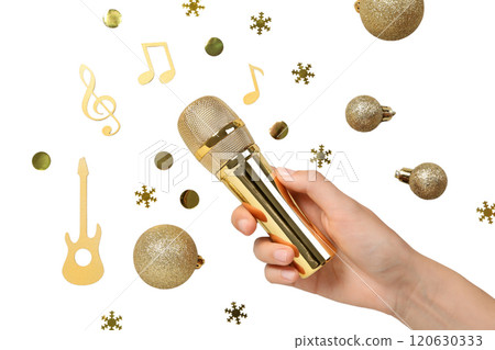 PNG, New Year gifts with microphone, golden microphone isolated on white background. 120630333