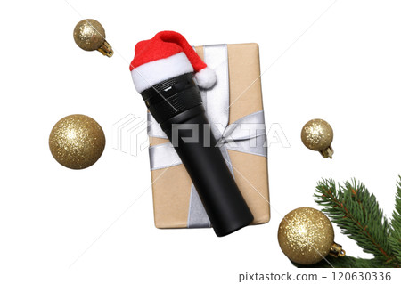 PNG, New Year gift, Christmas gifts with microphone isolated on white background. PNG, New Year gift, Christmas gifts with microphone isolated on white background. 120630336