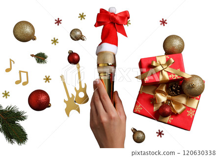 PNG, New Year gift, Christmas gifts with microphone isolated on white background. PNG, New Year gift, Christmas gifts with microphone isolated on white background. 120630338